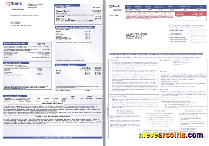 USA Missouri U.S. Bank Home mortgage statement, 3 pages